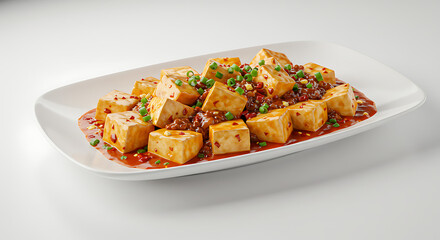 Mouthwatering mapo tofu dish on white plate