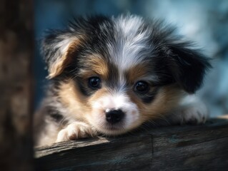 Adorable puppy peeking from behind wood.