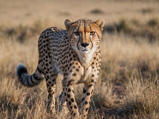Naklejka premium A full-body image of a cheetah walking directly toward the camera with a calm but focused expression