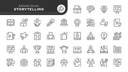 Storyteller line icon set. Copywriting, writing a book, writer, story, autor, idea, blog, content and more . Outline icon in linear style. Vector collection.	
