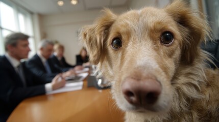 A dog's curious gaze during a business meeting.