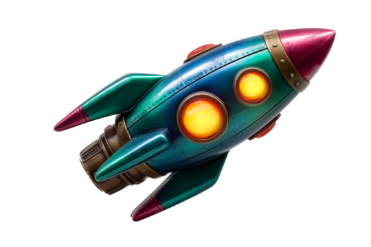 Colorful retro rocket on transparent background ready for adventure - Powered by Adobe