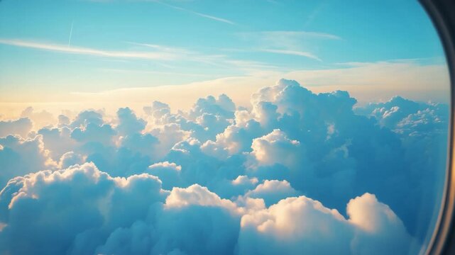 Perspective from an airplane window showing blue sky and white clouds with space for content.