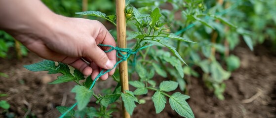 Gardener tying tomato plant to bamboo stake with green twine in the garden for support and growth Concept of gardening, agriculture, and organic farming