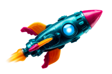 Colorful toy rocket soaring into the sky with bright flames