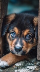 Close-up of a puppy looking through a wooden gap.