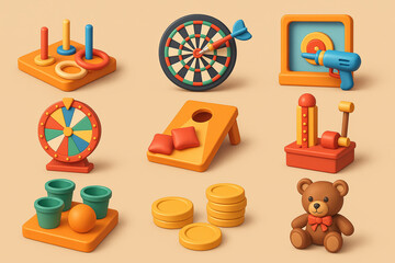 Carnival games 3d icon set - fun, playful, and interactive graphics for entertainment