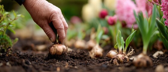 Senior woman planting flower bulbs in garden soil during springtime, enjoying gardening hobby and preparing for blooming season in the backyard