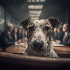 A  dog observes a business meeting.
