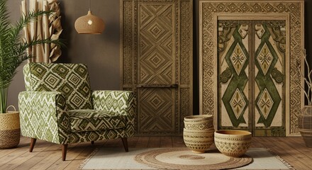 Bohemian Chic Interior Design Green Armchair Wooden Doors Ethnic Decor