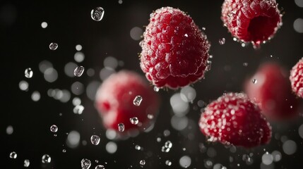 A close up of a bunch of raspberries with water droplets surrounding them