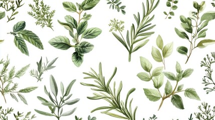 A seamless design featuring watercolor illustrations of rosemary, thyme, tarragon, basil, and mint is perfect for use in culinary designs and projects