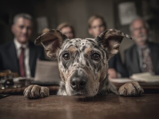 A  dog looking intently at the viewer over a wooden table.