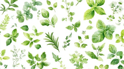 The pattern features a seamless blend of watercolor illustrations showcasing kitchen herbs like rosemary, thyme, tarragon, basil, and mint, making it perfect for culinary design applications