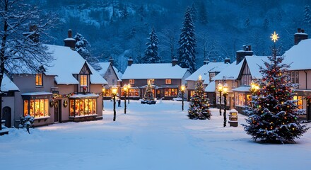 Naklejka premium Enchanting Snow-Covered Village at Christmas Eve