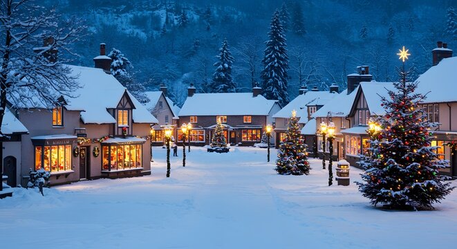 Enchanting Snow-Covered Village at Christmas Eve