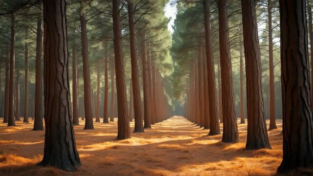 A linear grove of pine trees competing for access to sunlight.