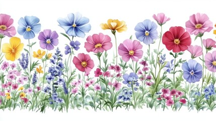 Delicate stems and tiny leaves adorn seamless watercolor pastel wildflower bouquets, making them perfect for wedding stationery and greeting cards