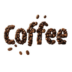 "Coffee "word italic written with coffee beans on white background .
