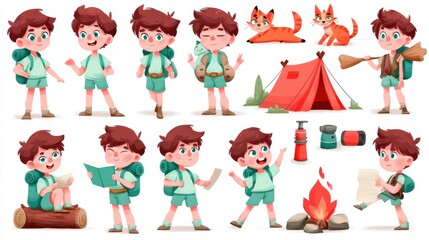 Fototapeta premium Camping Adventure Cartoon Set: Little Boy, Tent, and Campfire
