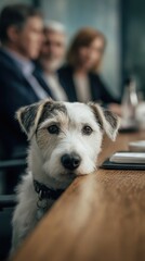 A dog sits at a business meeting,  attentive and contemplative.