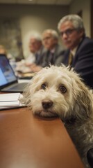 Business meeting attended by a fluffy dog.