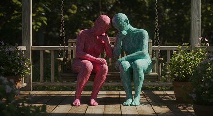 Fototapeta premium Empathetic Figures on Porch Swing, Pastel Sculptures in Tranquil Garden Setting