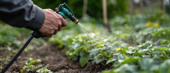 Man spraying organic pesticide on vegetable plants in garden with garden sprayer for pest control and plant protection Concept of gardening, agriculture, and healthy eating