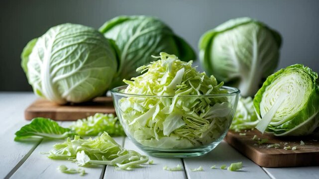 Sliced green cabbage in a clear glass bowl on a table.