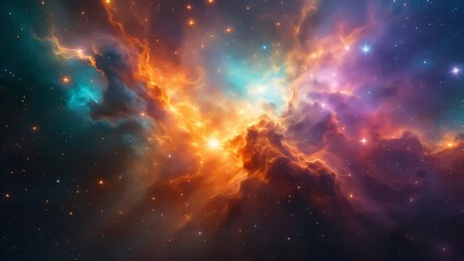 Colorful cosmic nebula with star cluster, deep space, vibrant clouds of gas and dust, interstellar scene, glowing stars, high-resolution astrophotography, science fiction space background