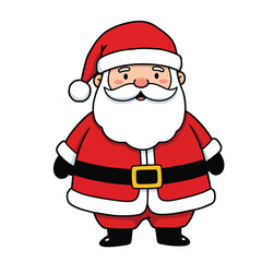 A cartoon Santa Claus wearing a red suit, white trim, black belt with gold buckle, black boots, and a red hat with a white pom-pom.