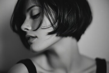 Close-up grayscale portrait of a woman with a short bob.