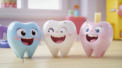 Obraz premium cute cartoon of happy baby teeth characters teaching the importance of brushing and dental hygiene