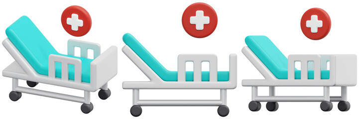 Set of 3D Rendered Hospital Beds with Adjustable Positions and Red Cross Icons 3d Render Icon Illustration