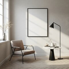 Frame mockup, ISO A paper size. Living room wall poster mockup. Interior mockup with house background. Modern interior design. 3D render 