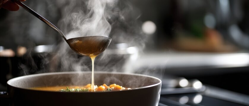 Chef ladling hot, steamy vegetable soup into a bowl in a kitchen Concept of healthy eating, comfort food, and homemade cooking