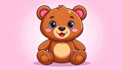 Obraz premium Cute cartoon teddy bear with big blue eyes, smiling and sitting against a pink background.