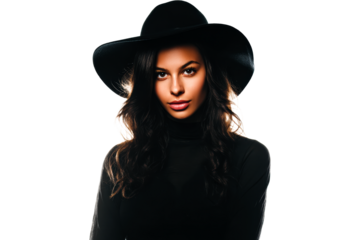 Elegant woman with dark hat against transparent background