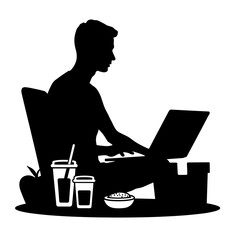 Silhouette of person working on laptop with healthy snacks, remote work lifestyle and wellness balance
