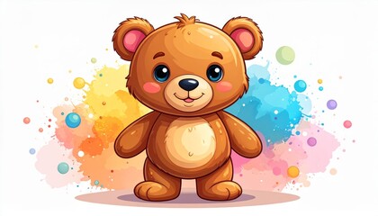 Obraz premium A cute cartoon teddy bear stands in front of colorful paint splashes, creating a cheerful and playful atmosphere.
