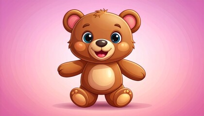 Obraz premium Cute cartoon teddy bear with big blue eyes and a happy smile, sitting on a pink gradient background.