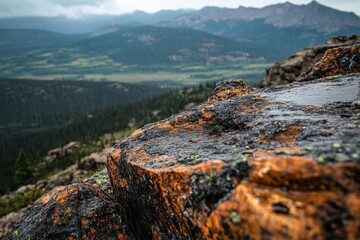 Obraz premium Wet orange rocks overlook a rainy mountain valley scene. Use this to represent nature's power or rugged beauty.