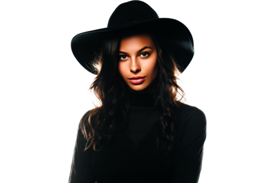 Elegant woman with dark hat against transparent background - Powered by Adobe
