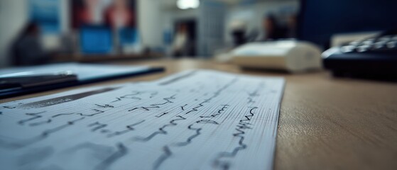 Closeup of handwritten electrocardiogram ECG on paper in doctors office, representing heart health, medical diagnosis, and cardiology