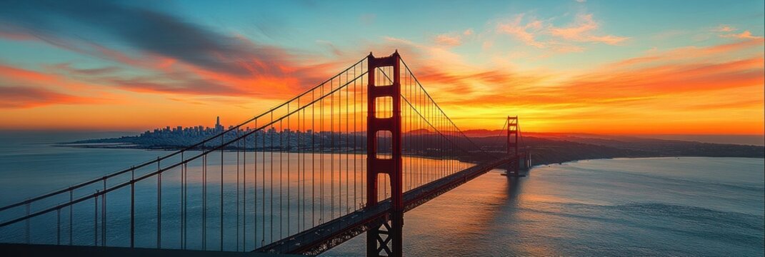 Golden Gate Bridge spanning across calm waters under a vibrant orange and blue sunset sky with city skyline in the background - Powered by Adobe