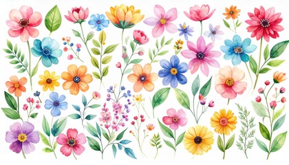 Vibrant watercolor illustration of various colorful flowers and leaves, arranged artistically on a white background.