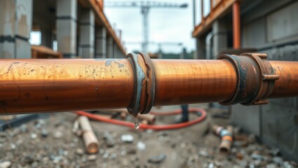 Leaking Copper Pipe. Copper-colored industrial pipe with water droplet forming at a damaged joint, set in a workshop environment.