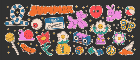 Cartoon groovy summer stickers 70s. Retro doodle character set with toys, flowers, and playful objects. Isolated on black background