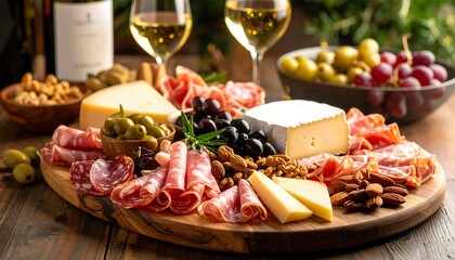 Closeup of Charcuterie Board with Meats Olives and Nuts.closeup, meat, olive, platter, rustic, arrangement, ingredient, nut, snack, epicure, food, fresh, table, display, italian, 