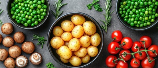 Fresh vegetables including baby potatoes in a bowl, green peas in two bowls, whole brown mushrooms, and vine-ripened cherry tomatoes arranged on a dark surface with sprigs of herbs